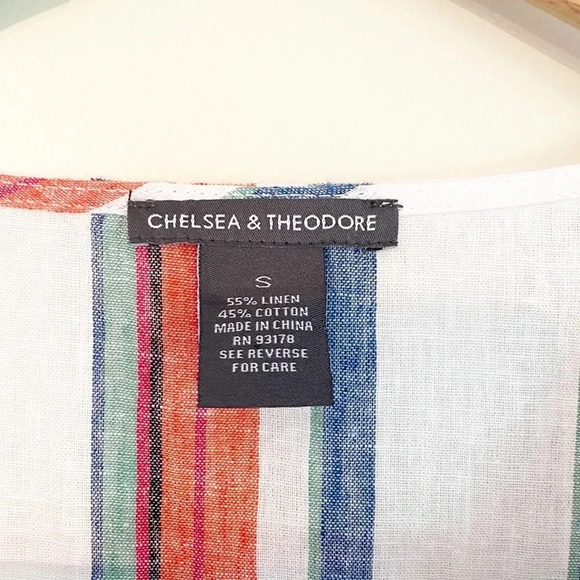 Chelsea & Theodore Short Double Ruffle Sleeve V-Neck Striped Linen Dress - Picture 4 of 9